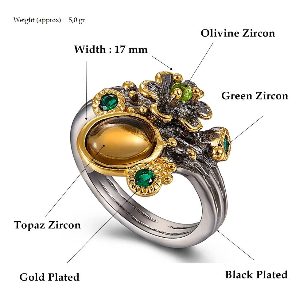 Ring met gele en groene sierstenen